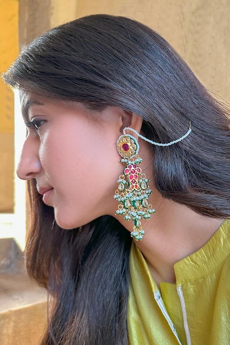 Saga Jewels Fish Motif Embellished Kundan Long Earrings