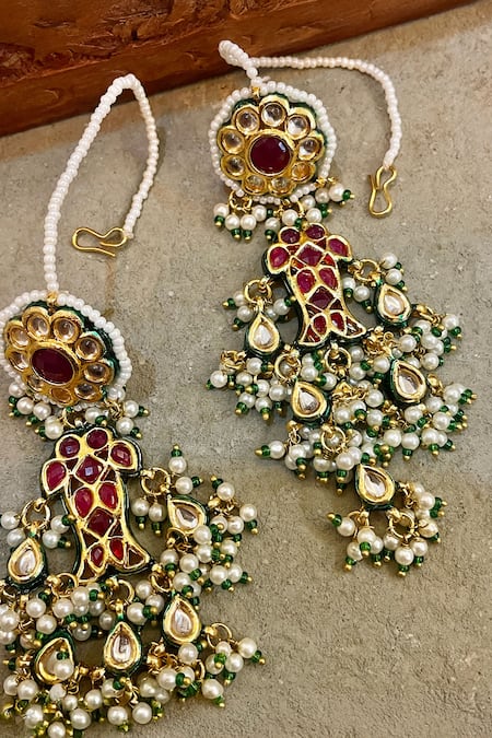 Shop_Saga Jewels_Multi Color Beads, Pearls, Stones, Fish Motif Embellished Kundan Long Earrings _Online_at_Aza_Fashions