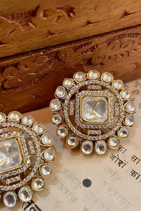 Saga Jewels_Gold Plated Stones, Pearls Polki Embellished Stud Earrings _Online_at_Aza_Fashions
