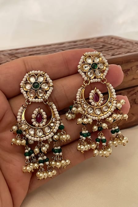 Saga Jewels Polki Embellished Chandbali Earrings 