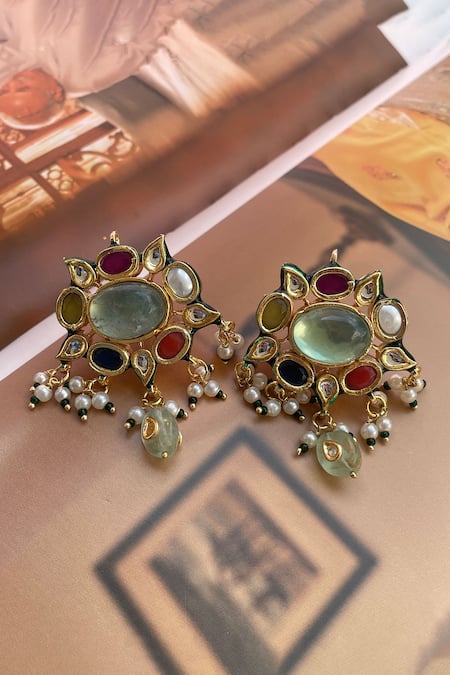 Saga Jewels Navratna Embellished Stud Earrings 