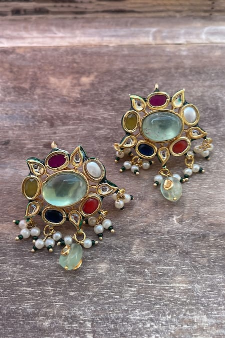 Saga Jewels Navratna Embellished Stud Earrings 