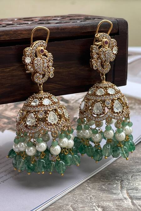 Saga Jewels_Gold Plated Pearls, Stones, Beads Polki Embellished Jhumkas _Online_at_Aza_Fashions