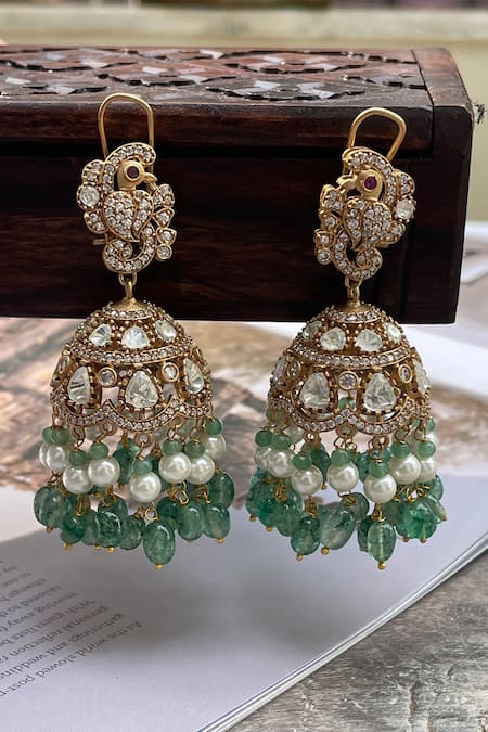 Buy_Saga Jewels_Gold Plated Pearls, Stones, Beads Polki Embellished Jhumkas _Online_at_Aza_Fashions