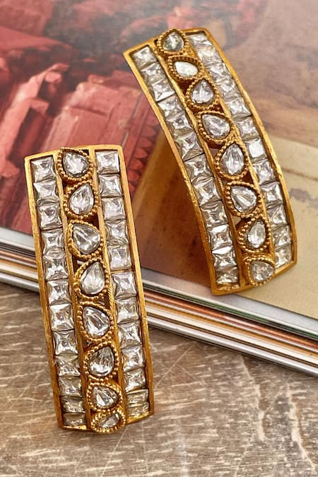 Saga Jewels_Gold Plated Stones, Crystals Polki Studded Semi Hoops _Online_at_Aza_Fashions