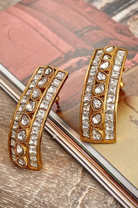 Buy_Saga Jewels_Gold Plated Stones, Crystals Polki Studded Semi Hoops _Online_at_Aza_Fashions