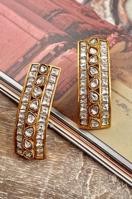 Shop_Saga Jewels_Gold Plated Stones, Crystals Polki Studded Semi Hoops _Online_at_Aza_Fashions