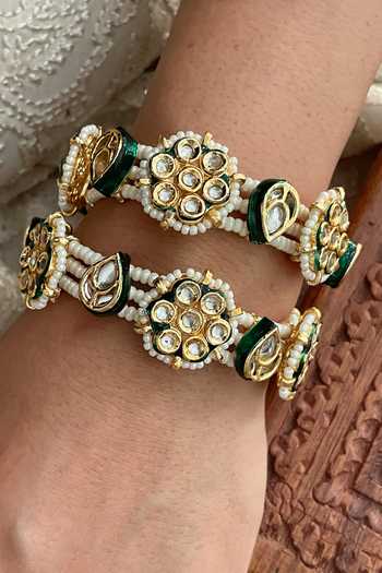 Saga Jewels_Green Pearls, Stones, Rhinestones Kundan And Embellished Pair Of Bangles _Online_at_Aza_Fashions
