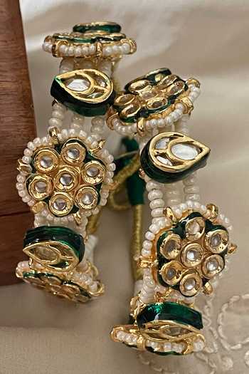 Buy_Saga Jewels_Green Pearls, Stones, Rhinestones Kundan And Embellished Pair Of Bangles _Online_at_Aza_Fashions