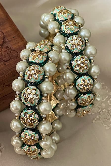 Saga Jewels_Green Pearls, Stones, Rhinestones Embellished Pair Of Bangles _Online_at_Aza_Fashions