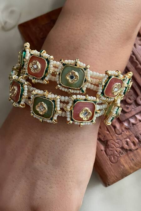 Saga Jewels_Multi Color Beads, Stones, Pearls, Faux Diamonds Embellished Pair Of Bangles _Online_at_Aza_Fashions