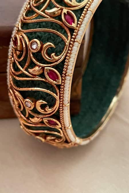 Saga Jewels_Green Stones, Beads, Crystals Filigree Work Bangle _Online_at_Aza_Fashions