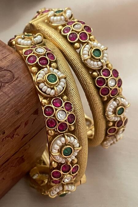 Saga Jewels_Multi Color Pearls, Stones, Faux Diamonds, Temple And Embellished Pair Of Bangles _Online_at_Aza_Fashions