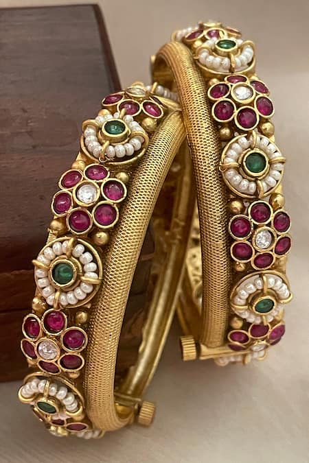 Saga Jewels Temple & Pearl Embellished Pair of Bangles 