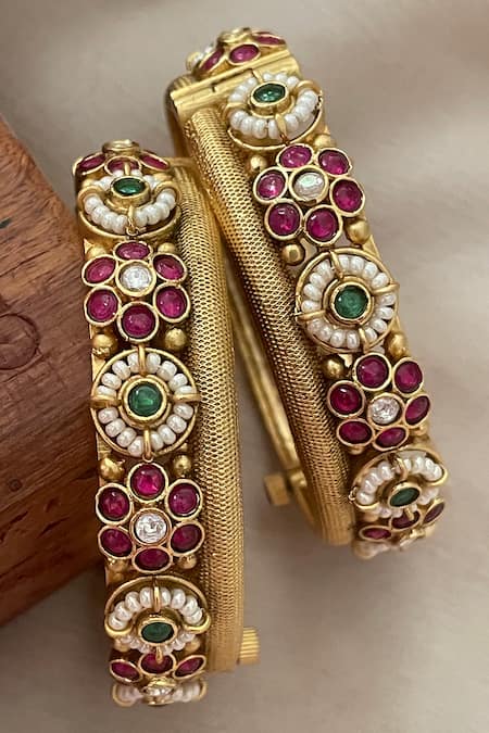 Buy_Saga Jewels_Multi Color Pearls, Stones, Faux Diamonds, Temple And Embellished Pair Of Bangles _Online_at_Aza_Fashions
