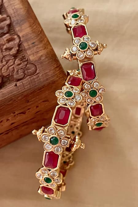 Saga Jewels_Gold Plated Stones, Gemstones, Crystals And Floral Motif Pair Of Bangles _Online_at_Aza_Fashions