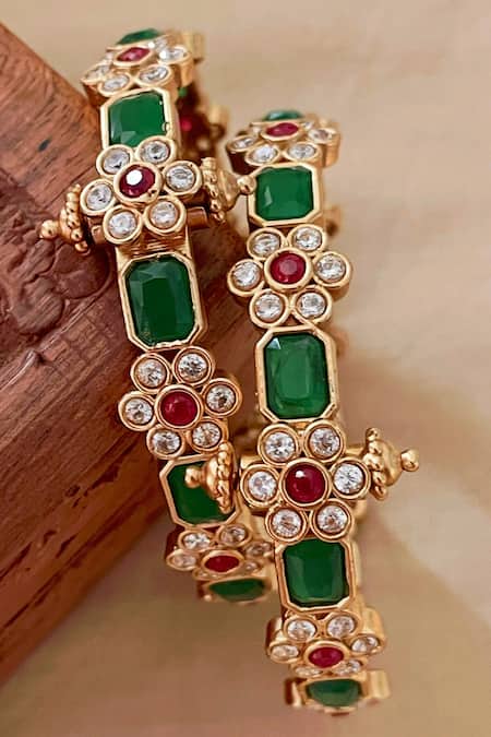 Saga Jewels Stone & Floral Motif Pair of Bangles 