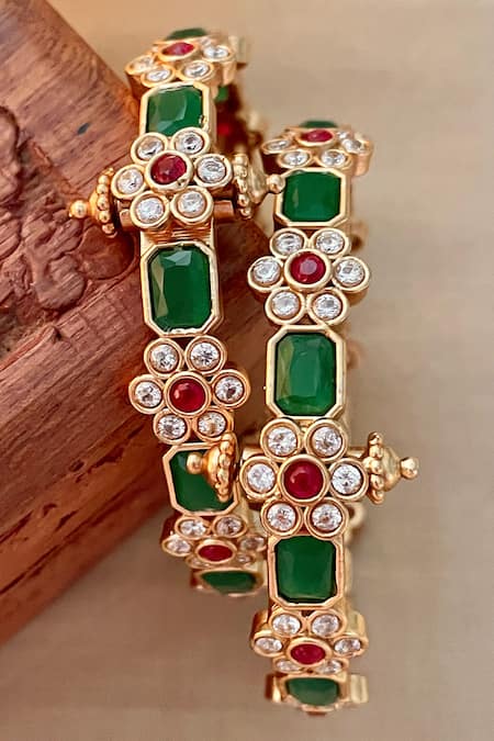 Saga Jewels Stone & Floral Motif Pair of Bangles 