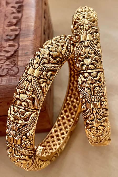 Saga Jewels Carved Temple Bangles - Set of 2 