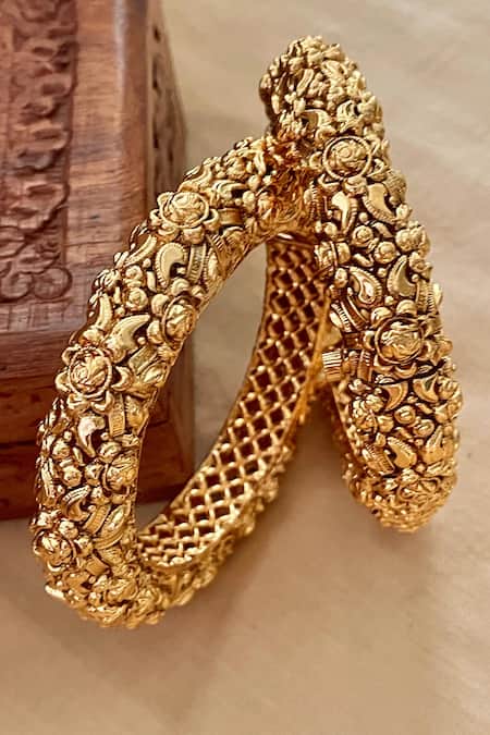 Saga Jewels_Gold Plated Stones, Carved Temple Bangles - Set Of 2 _Online_at_Aza_Fashions