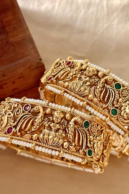 Saga Jewels_Gold Plated Beads, Stones, Pearls Temple Motif Carved Pair Of Bangles _Online_at_Aza_Fashions