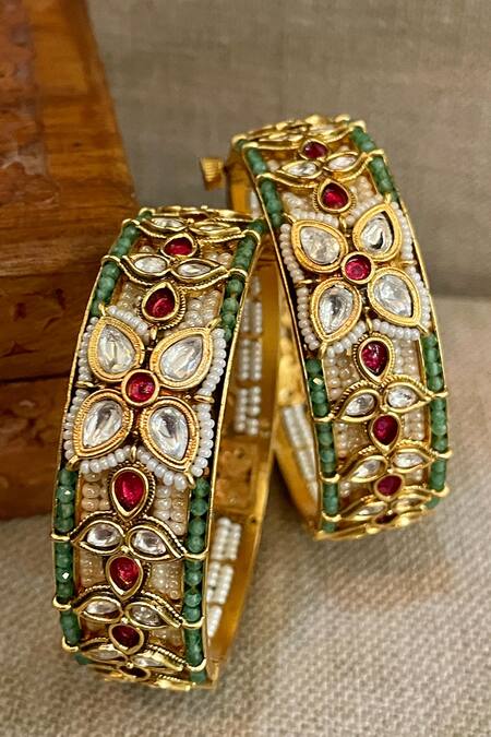 Saga Jewels_Multi Color Stones, Beads, Pearls, Faux Diamonds Embellished Pair Of Bangles _Online_at_Aza_Fashions