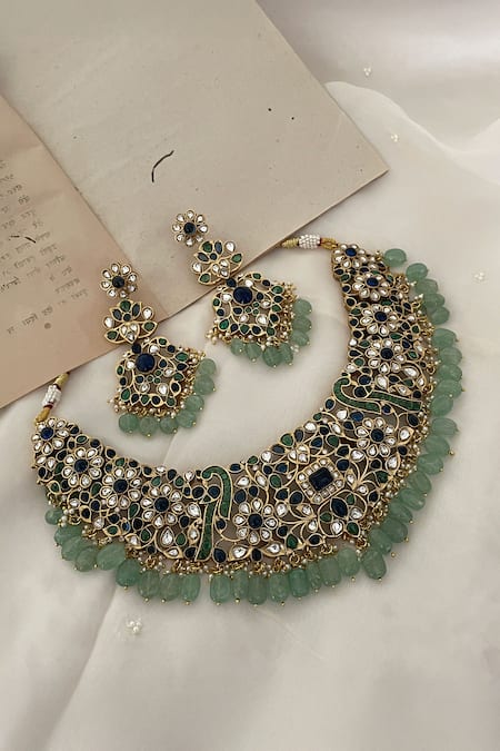 Saga Jewels Floral Embellished Bead Drop Ethnic Necklace Set 