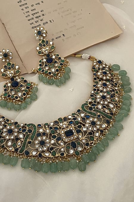 Saga Jewels_Multi Color Beads, Pearls, Faux Floral Embellished Drop Ethnic Necklace Set _Online_at_Aza_Fashions