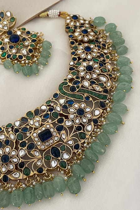 Saga Jewels_Multi Color Beads, Pearls, Faux Floral Embellished Drop Ethnic Necklace Set _at_Aza_Fashions