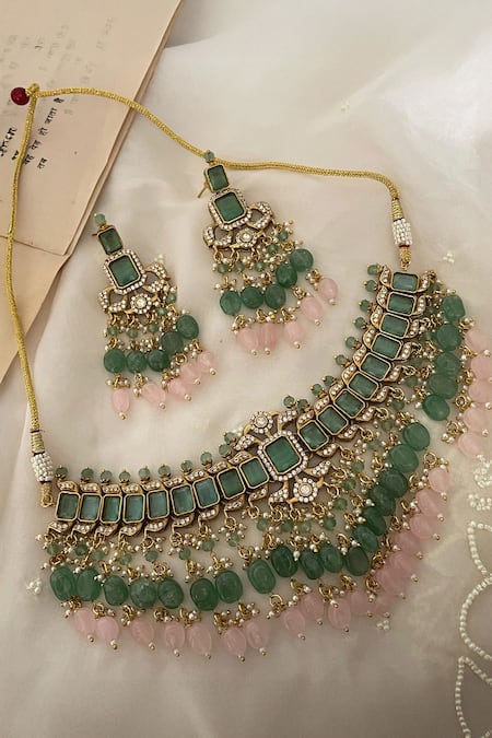 Saga Jewels Bead Drop Embellished Necklace Set 