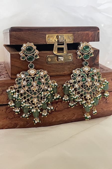 Saga Jewels_Green Pearls, Stones, Beads And Polki Embellished Drop Necklace Set _Online_at_Aza_Fashions