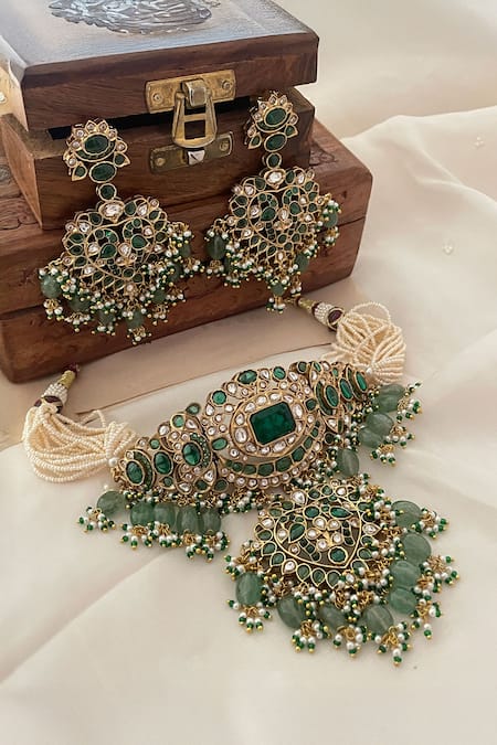 Saga Jewels Pearl & Polki Embellished Bead Drop Necklace Set 