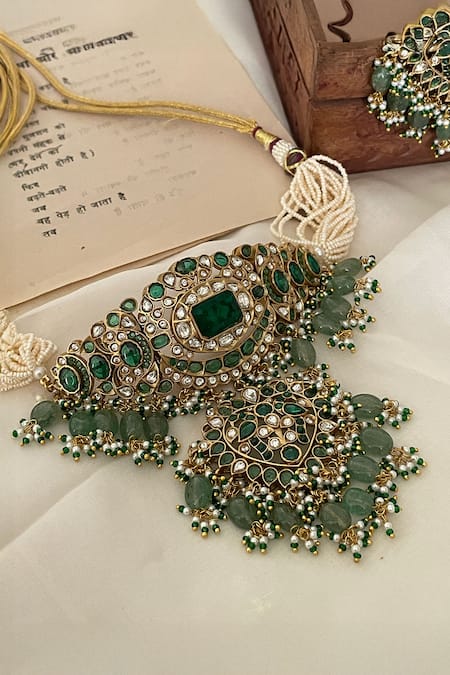 Buy_Saga Jewels_Green Pearls, Stones, Beads And Polki Embellished Drop Necklace Set _Online_at_Aza_Fashions