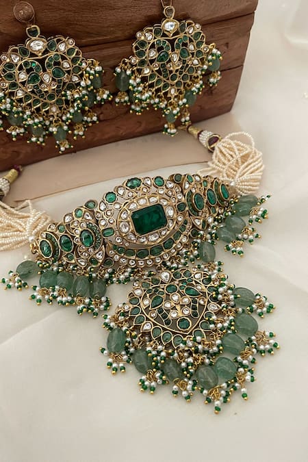 Saga Jewels Pearl & Polki Embellished Bead Drop Necklace Set 