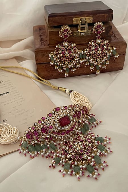 Saga Jewels_Multi Color Pearls, Beads, Stones, Embellished Drop Polki Necklace Set _Online_at_Aza_Fashions