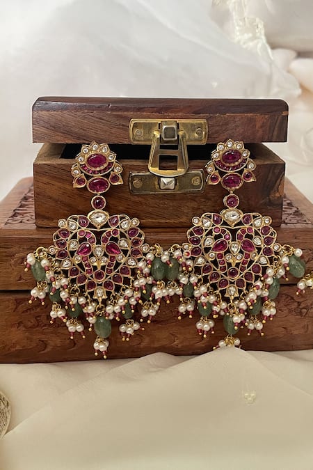 Saga Jewels Pearl Embellished Bead Drop Polki Necklace Set 