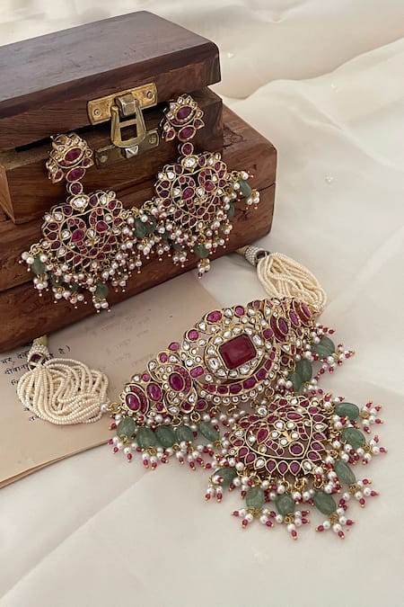 Saga Jewels Pearl Embellished Bead Drop Polki Necklace Set 