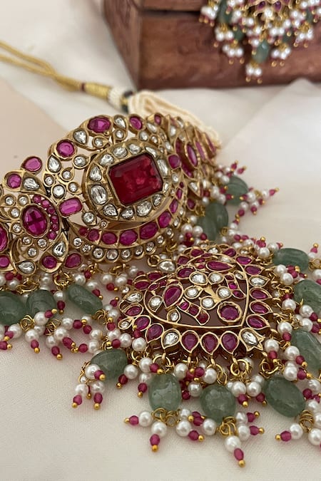 Buy_Saga Jewels_Multi Color Pearls, Beads, Stones, Embellished Drop Polki Necklace Set _Online_at_Aza_Fashions