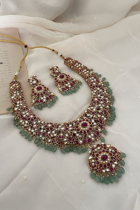 Saga Jewels Red Polki Embellished Pendant Necklace Set 