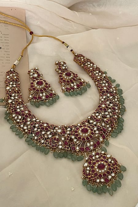 Saga Jewels_Multi Color Beads, Stones, Pearls Red Polki Embellished Pendant Necklace Set _Online_at_Aza_Fashions