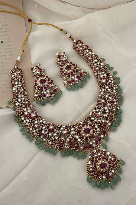 Saga Jewels Red Polki Embellished Pendant Necklace Set 