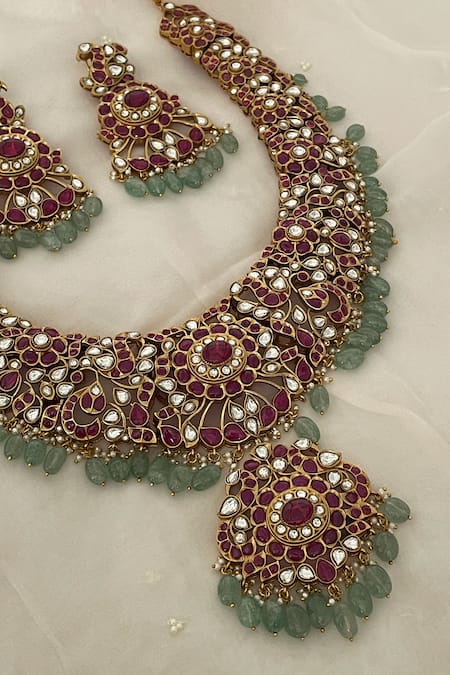 Buy_Saga Jewels_Multi Color Beads, Stones, Pearls Red Polki Embellished Pendant Necklace Set _Online_at_Aza_Fashions