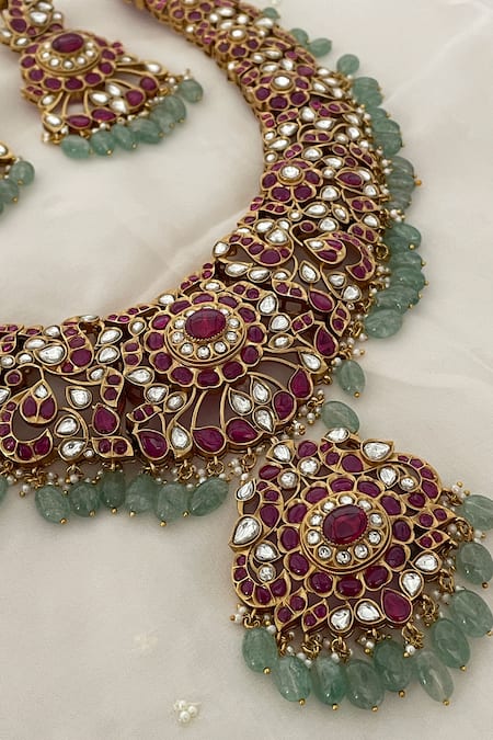 Shop_Saga Jewels_Multi Color Beads, Stones, Pearls Red Polki Embellished Pendant Necklace Set _Online_at_Aza_Fashions