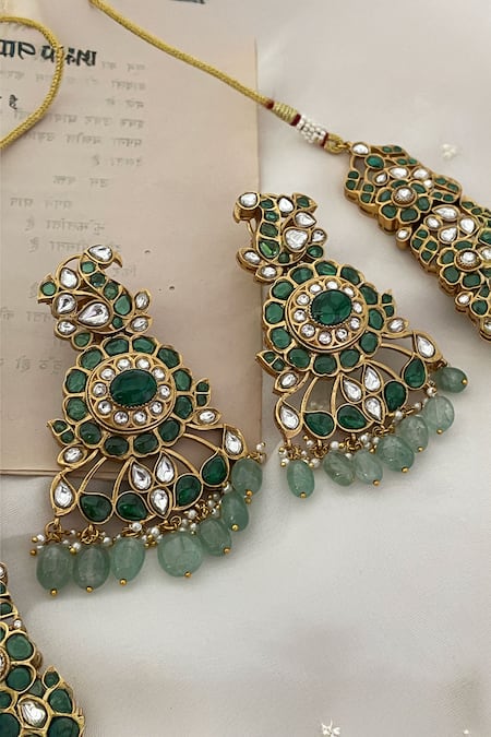 Saga Jewels Green Bead Drop Polki Pendant Necklace Set 