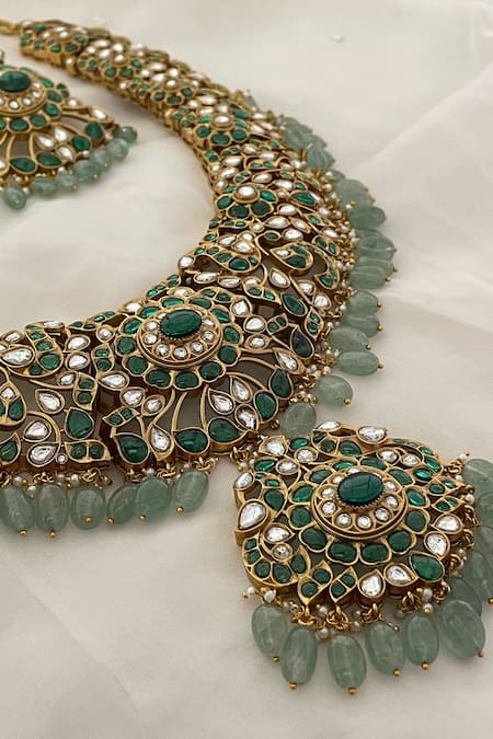 Saga Jewels_Green Beads, Stones, Pearls Drop Polki Pendant Necklace Set _Online_at_Aza_Fashions