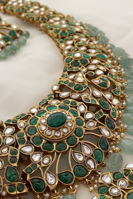 Buy_Saga Jewels_Green Beads, Stones, Pearls Drop Polki Pendant Necklace Set _Online_at_Aza_Fashions