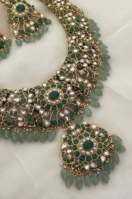 Shop_Saga Jewels_Green Beads, Stones, Pearls Drop Polki Pendant Necklace Set _Online_at_Aza_Fashions