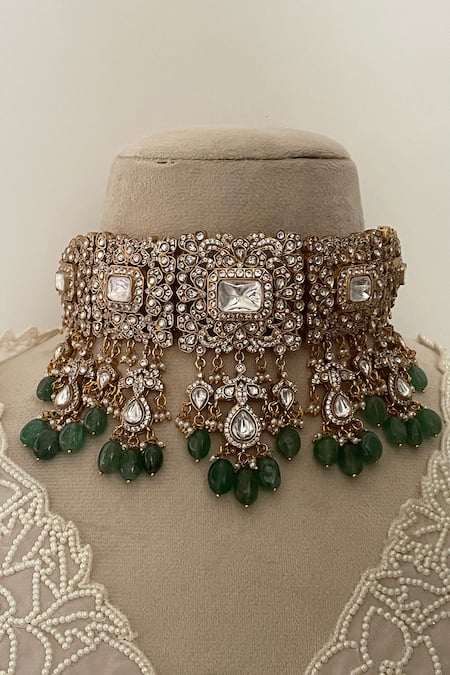 Saga Jewels_Green Pearls, Stones, Beads Polki Kundan Embellished Choker Set _Online_at_Aza_Fashions