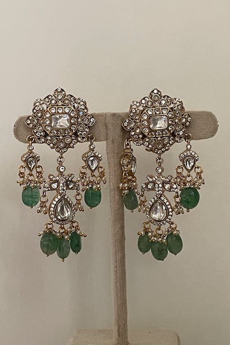 Buy_Saga Jewels_Green Pearls, Stones, Beads Polki Kundan Embellished Choker Set _Online_at_Aza_Fashions