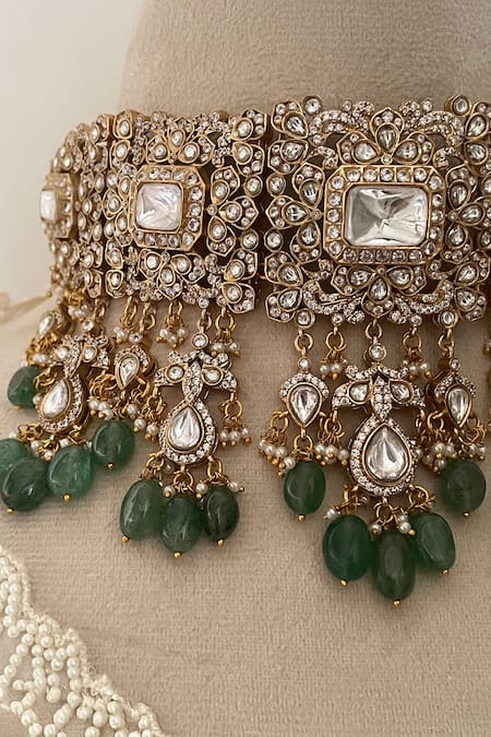 Shop_Saga Jewels_Green Pearls, Stones, Beads Polki Kundan Embellished Choker Set _Online_at_Aza_Fashions